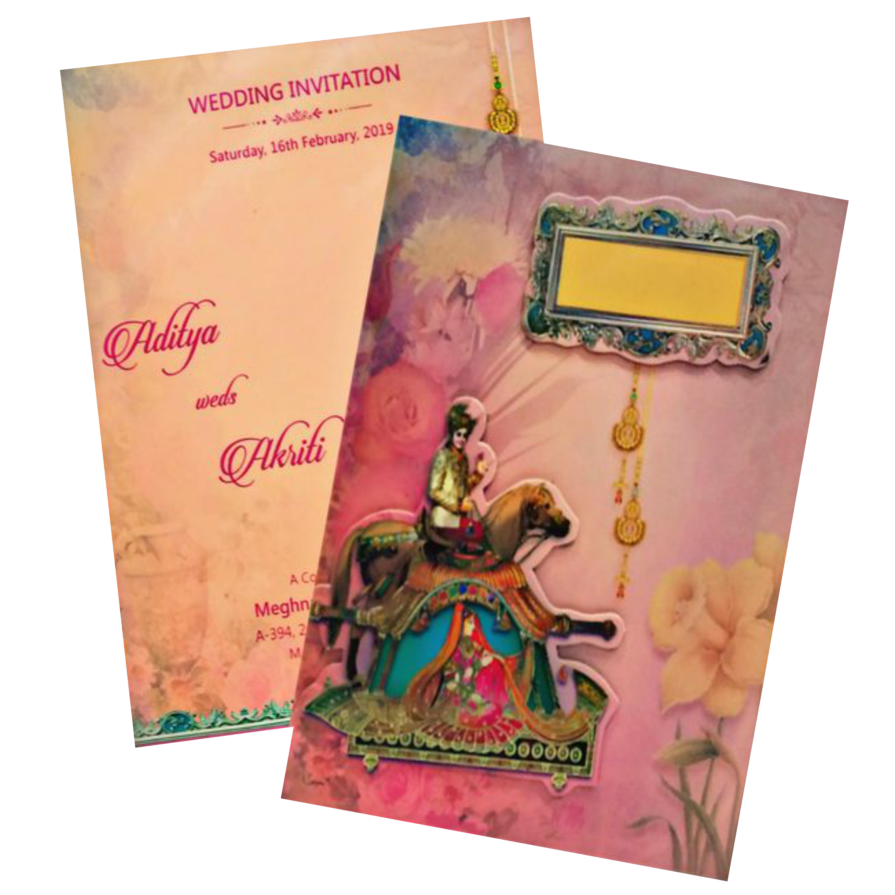 Marvelous Peach Color Baraat Theme Padding Invitation Card - KNKZAC139