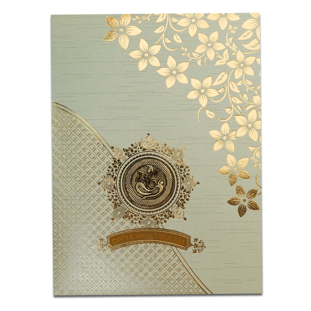 Green Gold Floral Ganesha Wedding Card-KNRM7082N