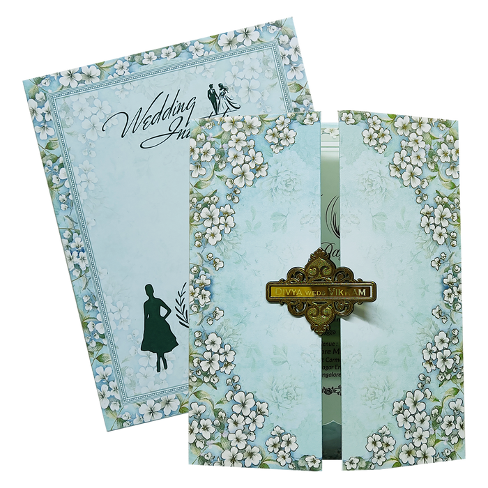 Blue Floral Door Padded Wedding Card-King of Cards