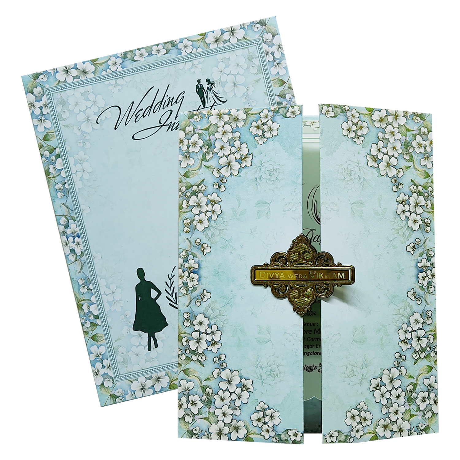 Blue Floral Door Padded Wedding Card-KNMO9303