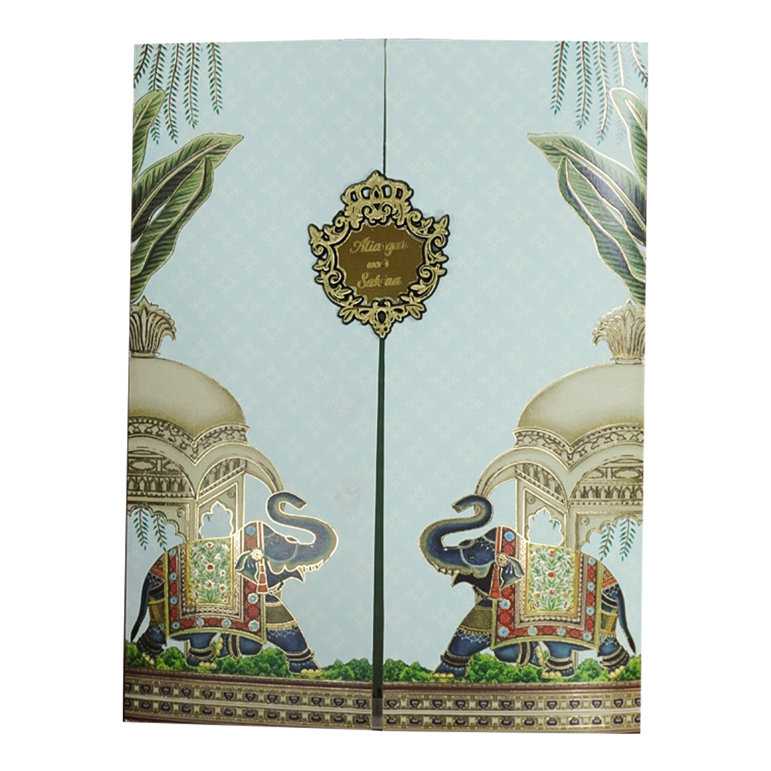 Regal Blue Elephant Gatefold Wedding Card-KNKC4089
