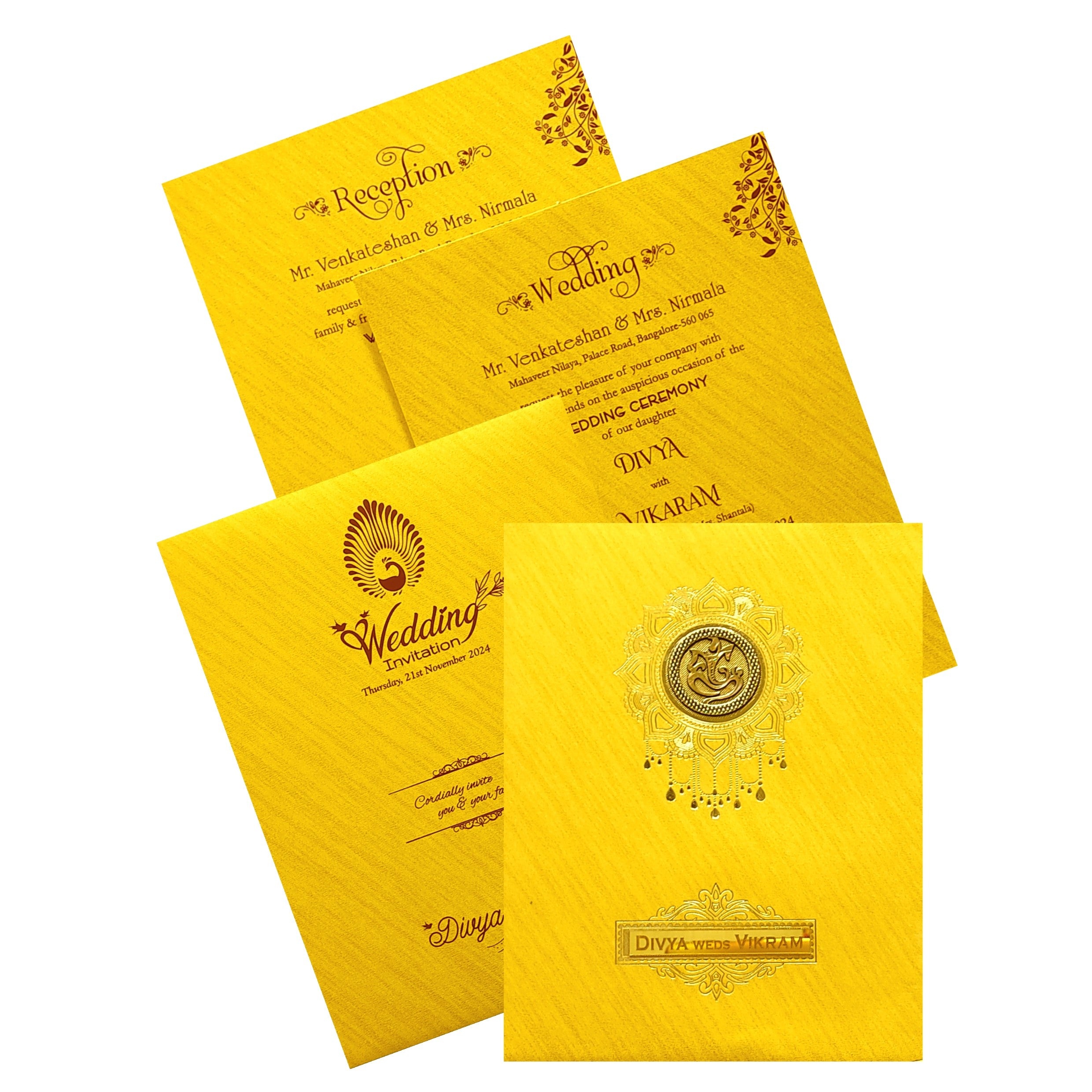 Gold Ganesha Nameplate Wedding Card-KNPJ1508G