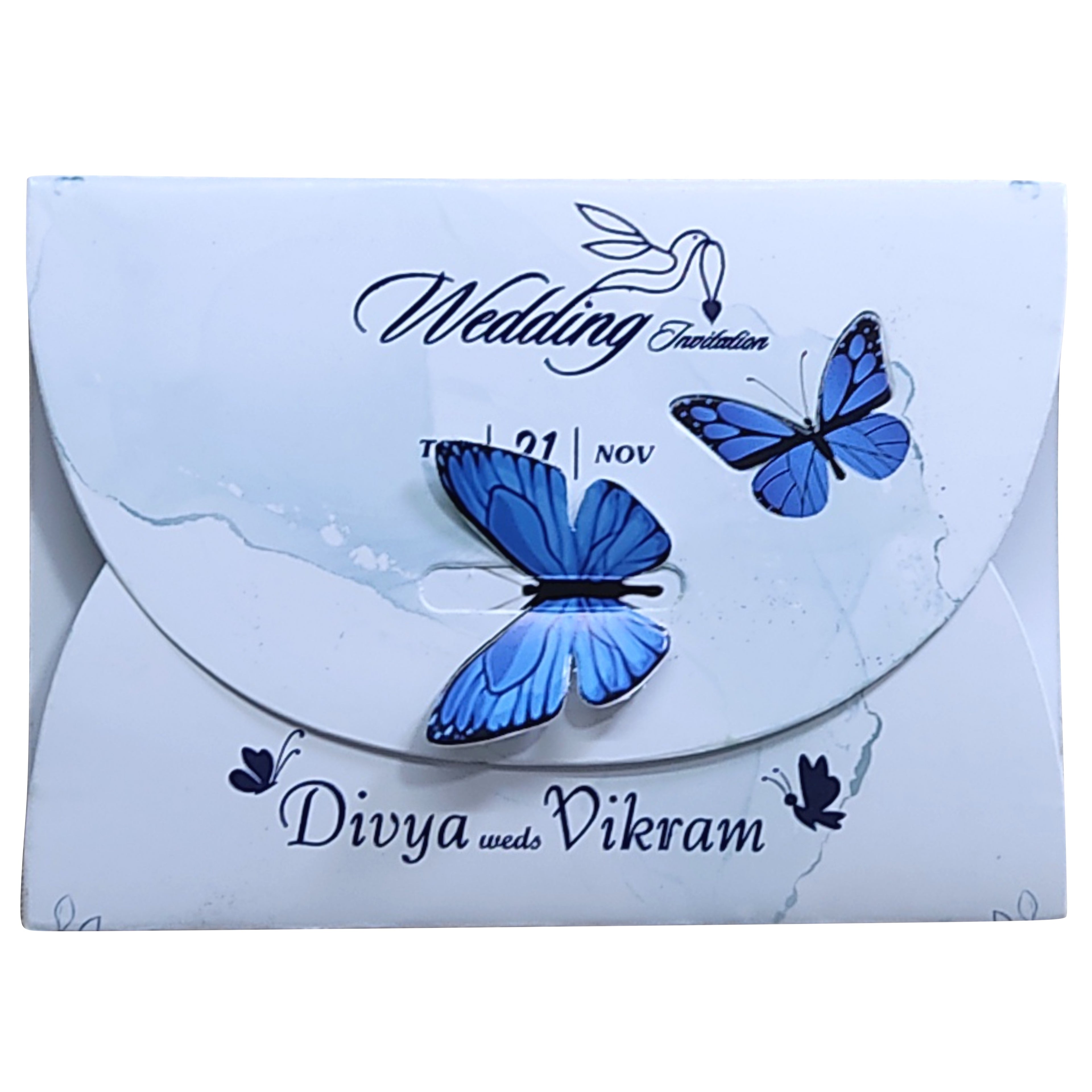 Selling Blue Floral Butterfly invitation card online. Buying invitation cards made easy with King of Cards! ?Customer Support ?Home Delivery.