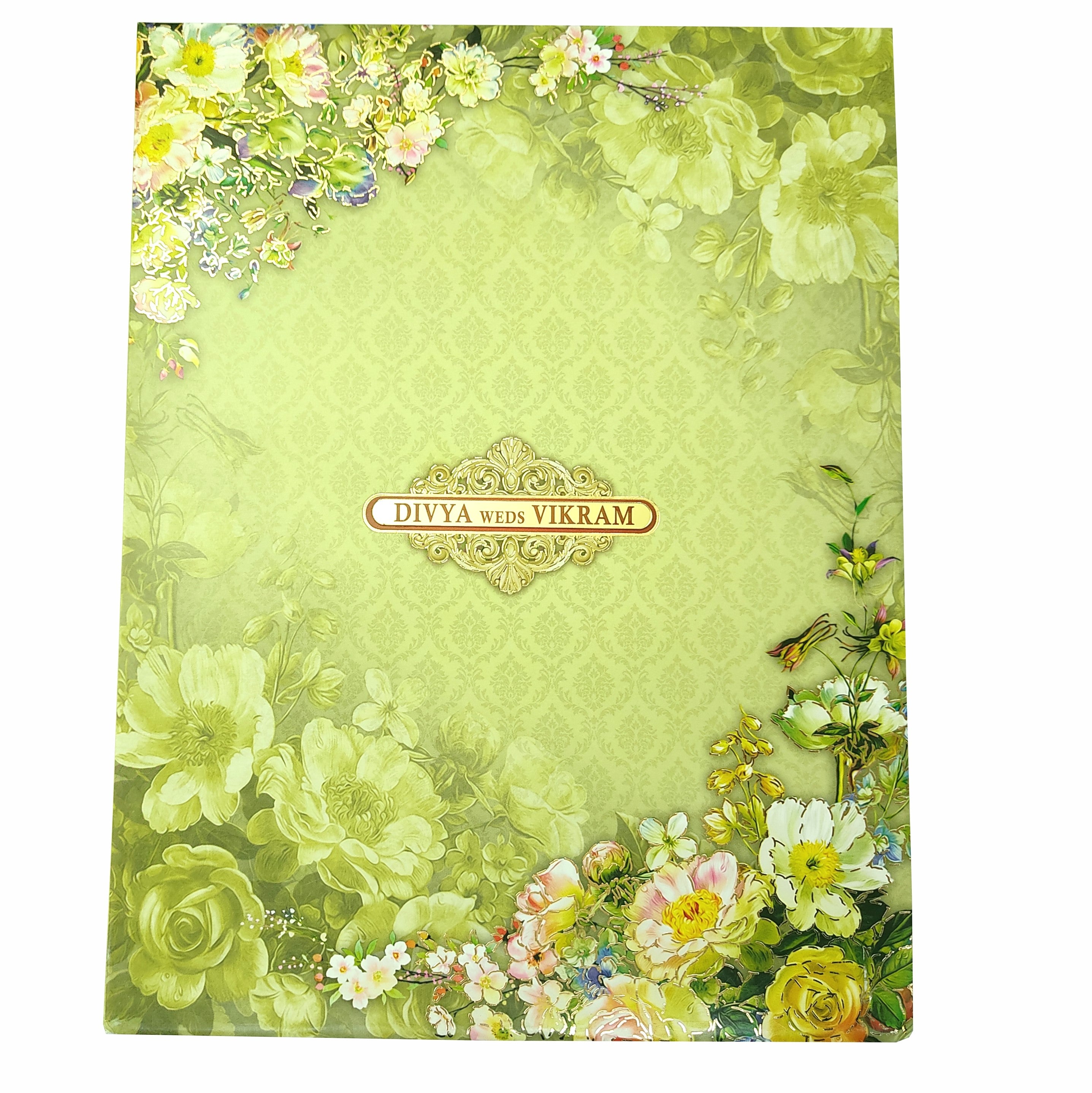 Green Padded Floral Wedding Card In Offset-KNPO8505G