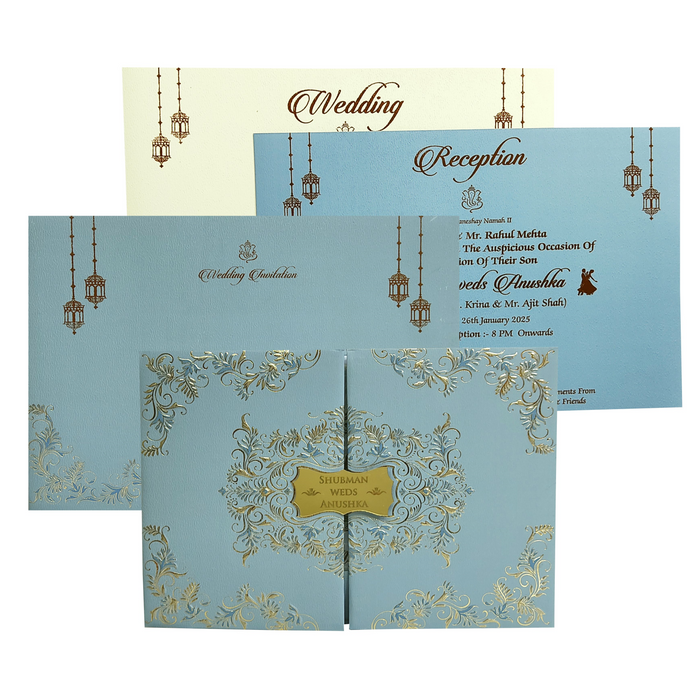 Your dream invitation is just a click away! Get Teal Blue Door Type Wedding Invitation Card online. Buying invitation cards made easy with King of Cards! ?WhatsApp Support ?Express Delivery