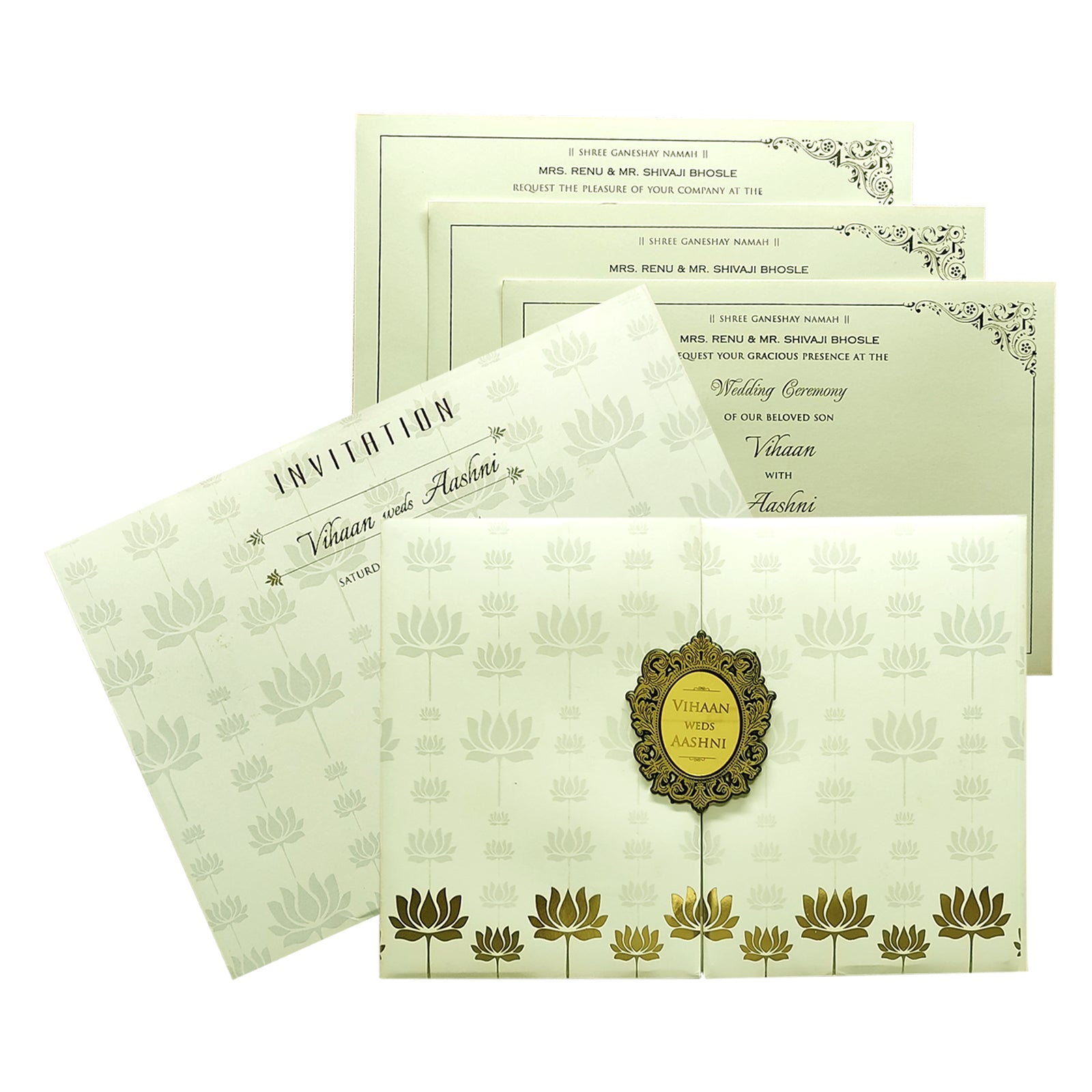 Selling White lotus padded invitation card online. Buying invitation cards made easy with King of Cards! &