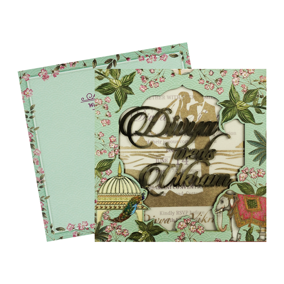 Green Laser-Cut Floral Peacock, Elephant Wedding Card - KNPL5806