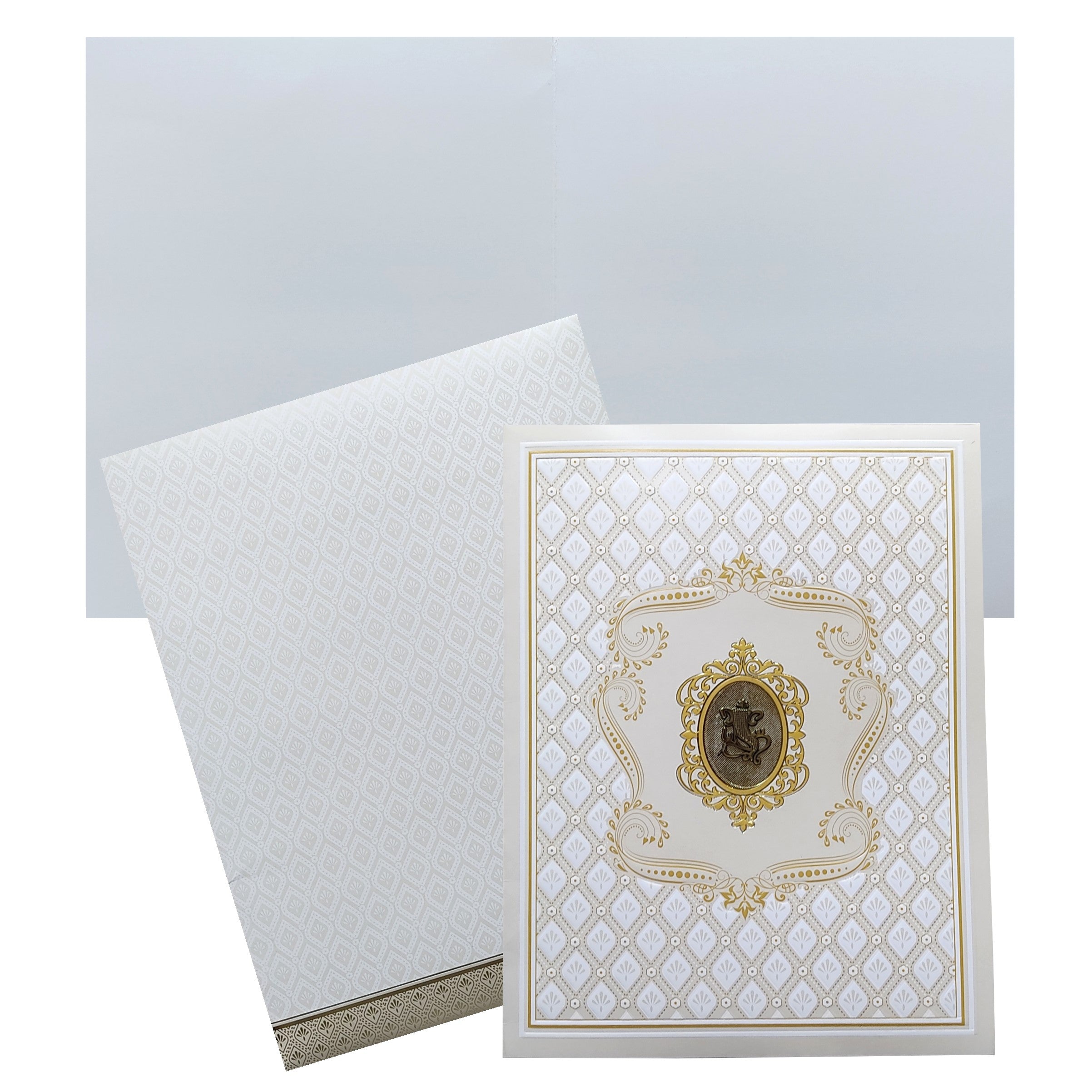 White Ganesha Embossed Invitation Card-KNJS2077