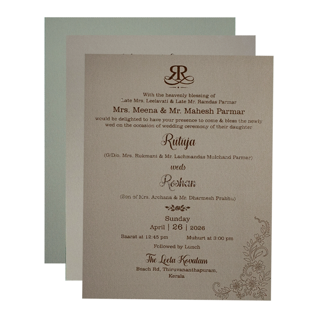 Green Gold Floral Monogram Padded Wedding Card-KSI64480