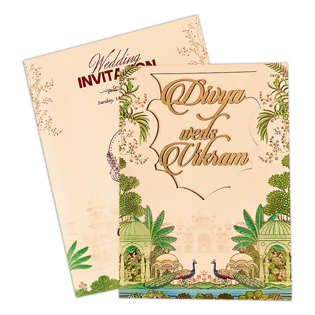 Cream Palace Peacock Padded Wedding Card-KNOR5203