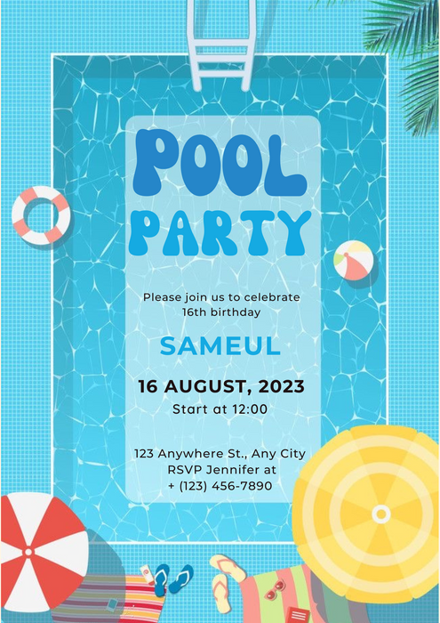 Tropical Blue Pool Party Invitation-AAPPI003