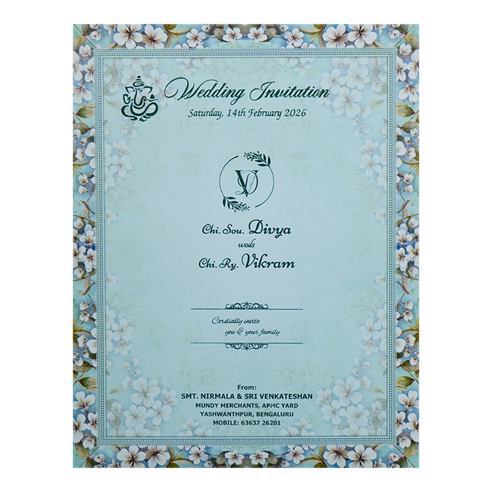 Blue White Floral Door Invitation Card-KNKJ1115