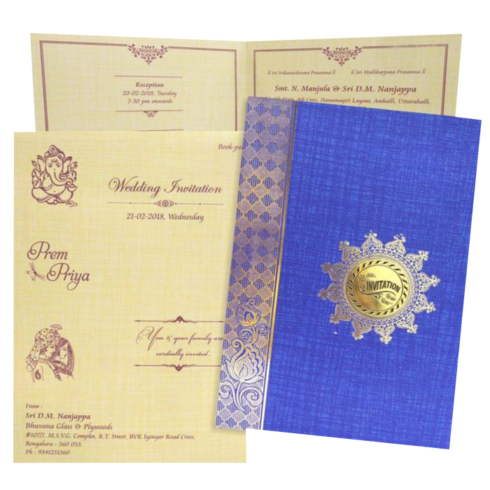 Elegant and attractiveBlue colour with gold foiling on borders and one folding inserts invitation card! Buy now! &