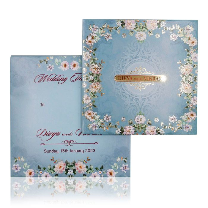 Blue Premium Padded Floral Card With Gold Border-KNC5601B-King of Cards