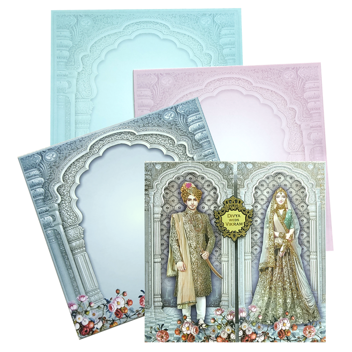 This grey bride and groom wedding invitation card has door opening with 2 inserts and box type envelope. The card also comes with a nameplate