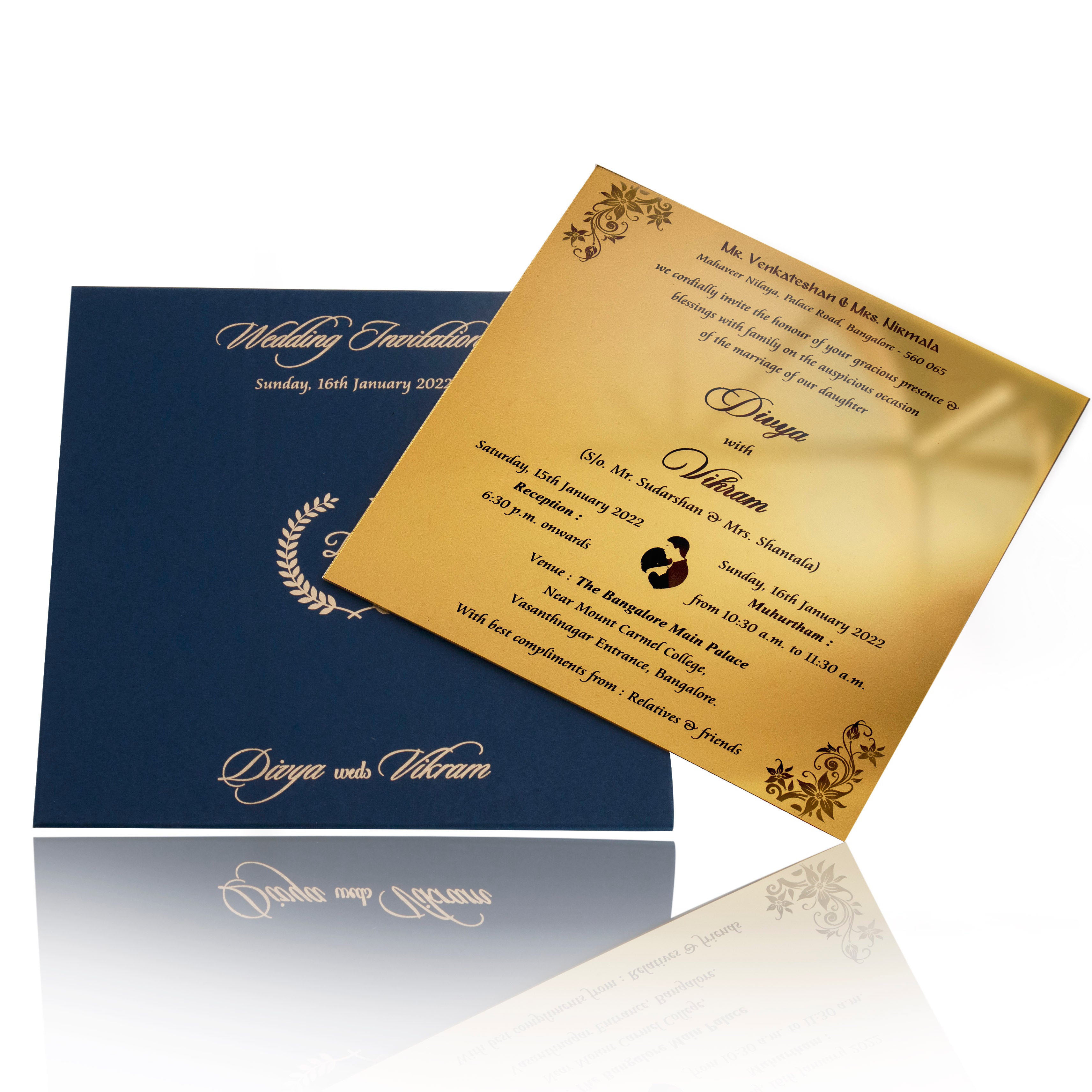 Kingofcards Gold Acrylic Floral Invitation Card With Blue Cover-KNAG3703B