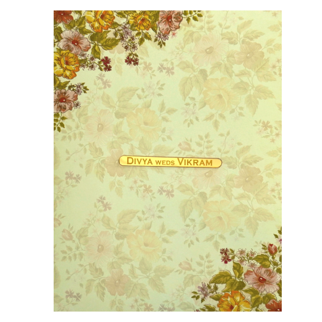 Olive Green Classic Designer Floral Offset Wedding Card With Name Plate-KNKC4031