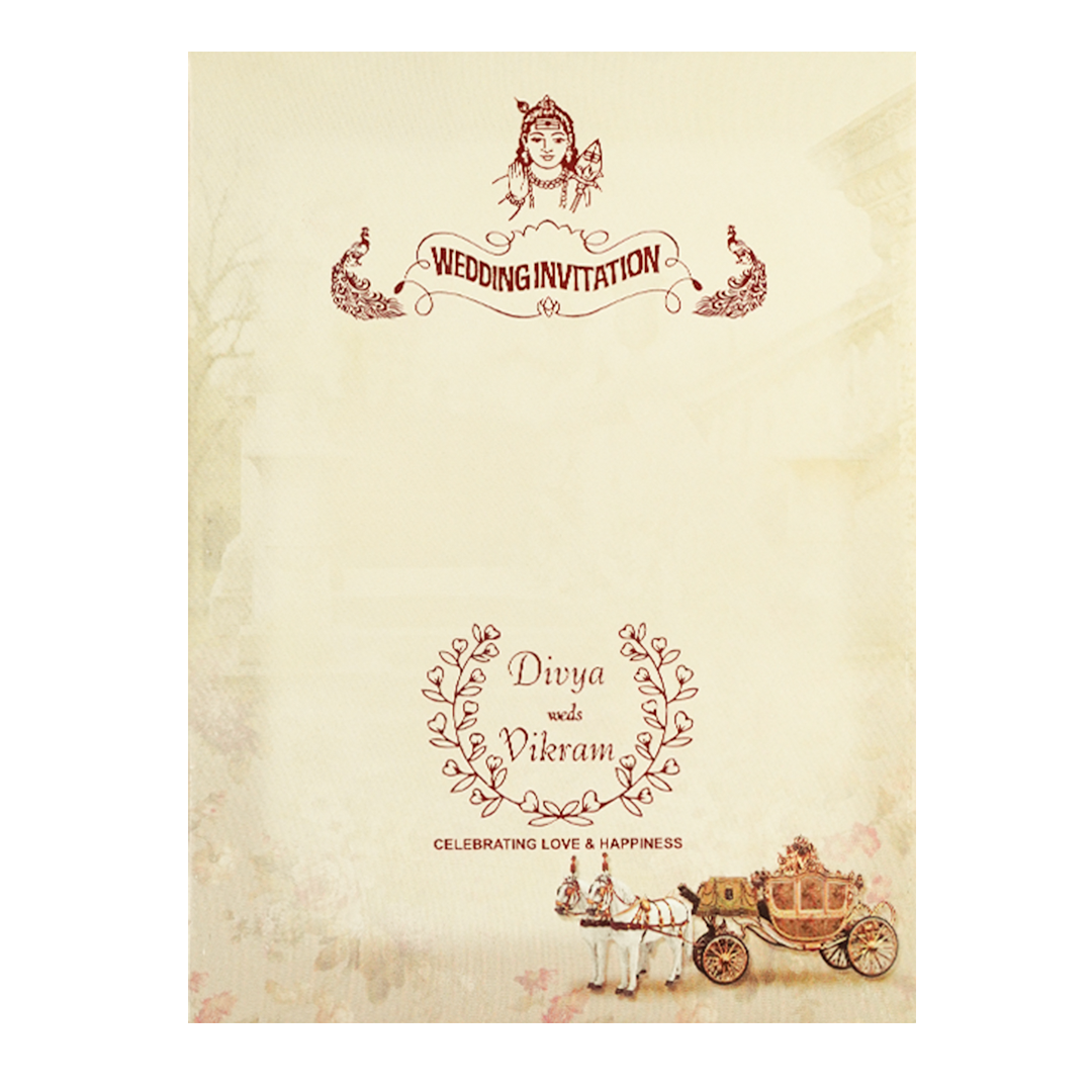 Beige Ganesha Floral Padded Cart Wedding Card - KNPO9535C