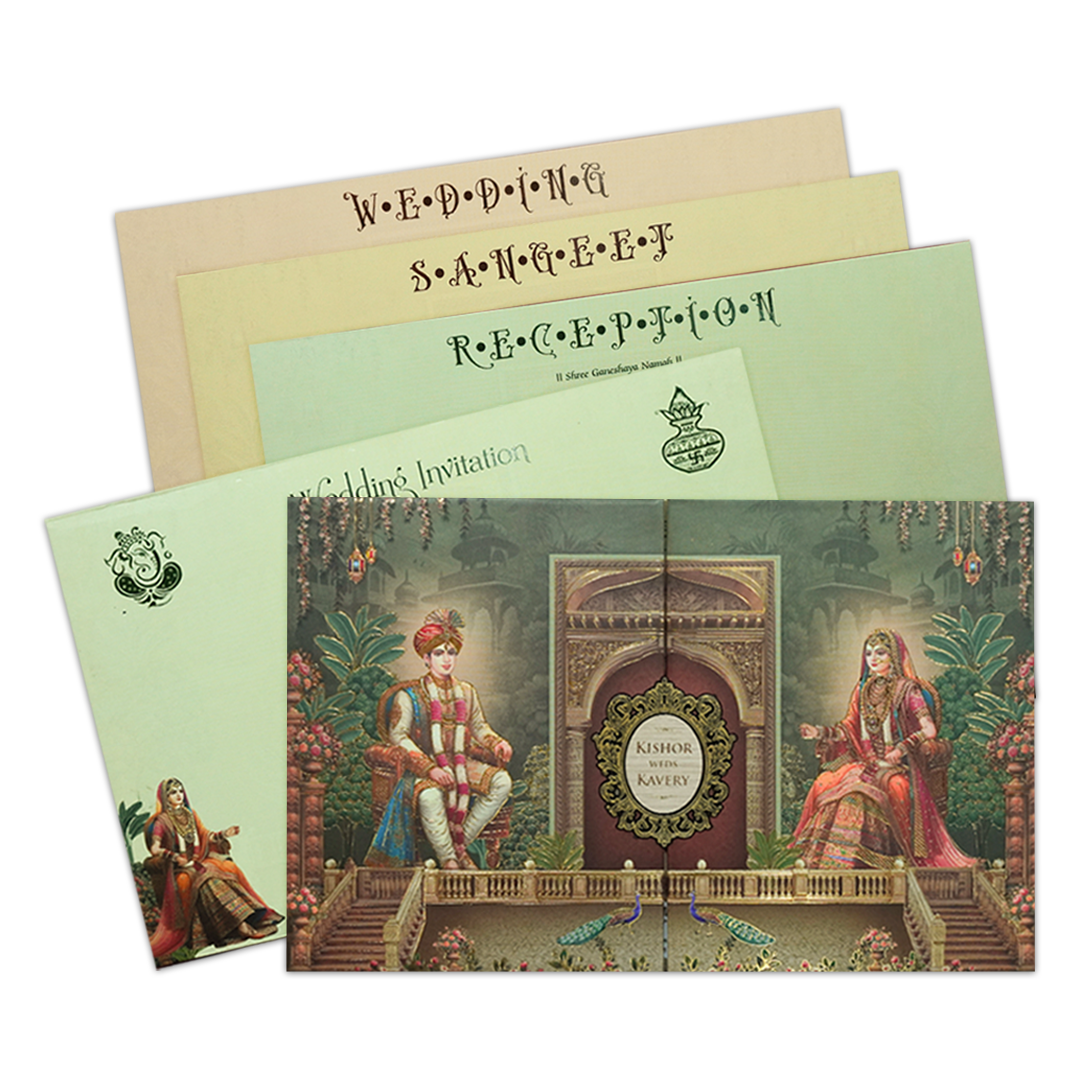 Check out Green Royal Couple Padded Wedding Card at best price.✅WhatsApp Support ✅Express Delivery.|King of cards.