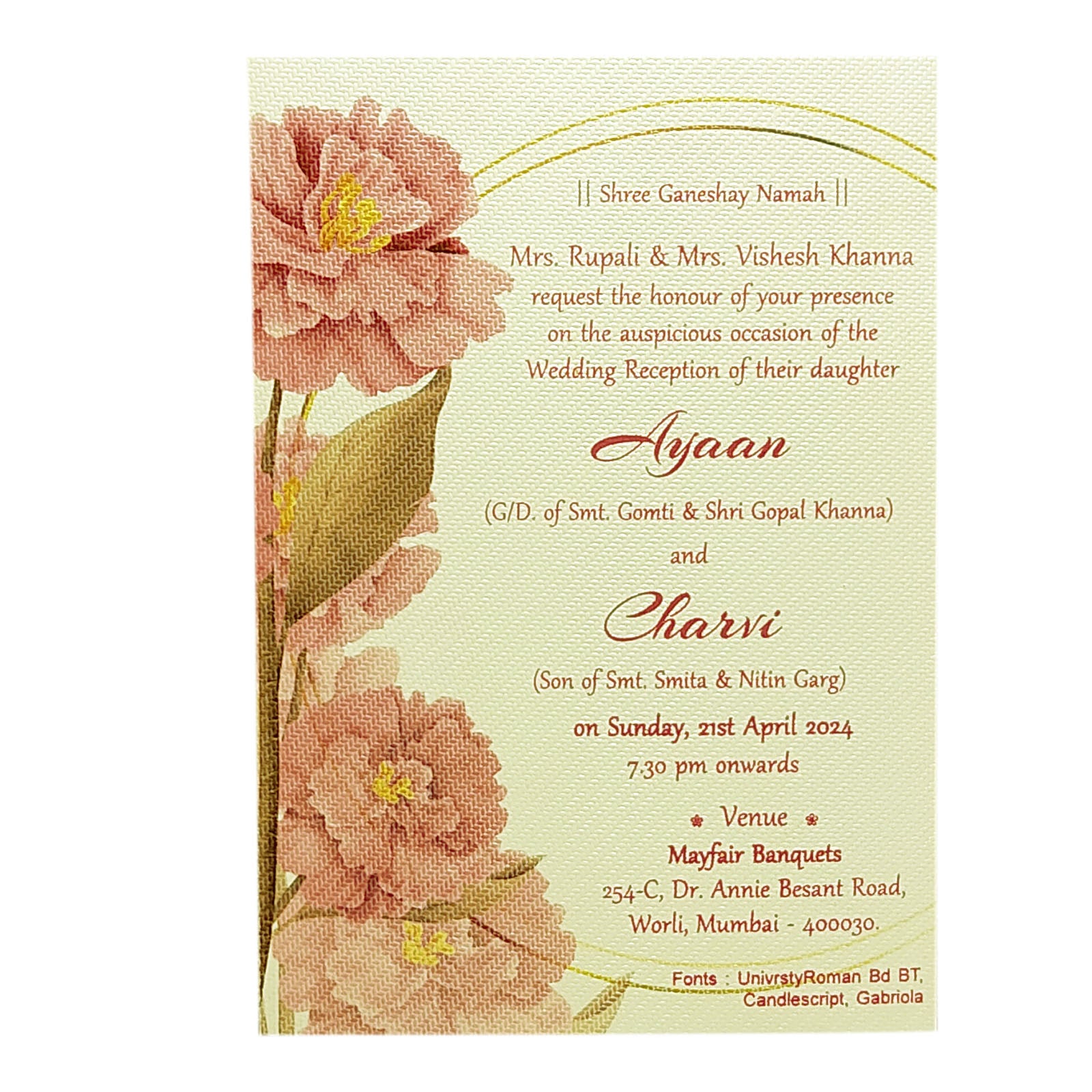 Cream Pink Floral Single Sheet Invitation Card-KRCS6081