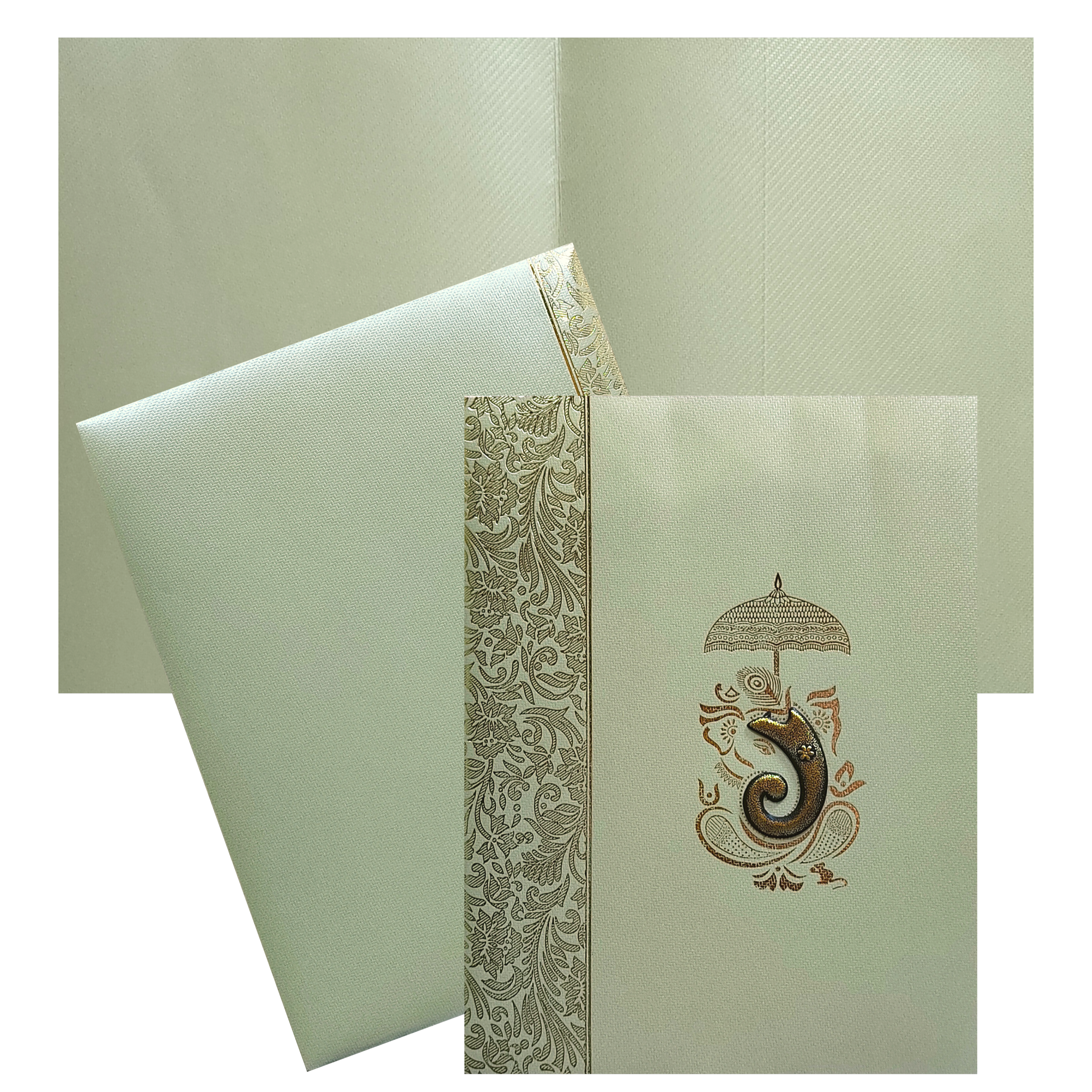 This invitation card has olive green texture sheet envelope with one folding insert and ganesha sticker.