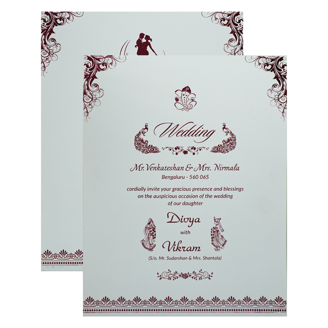 White Textured Floral Band Wedding Card-KNCS8516W