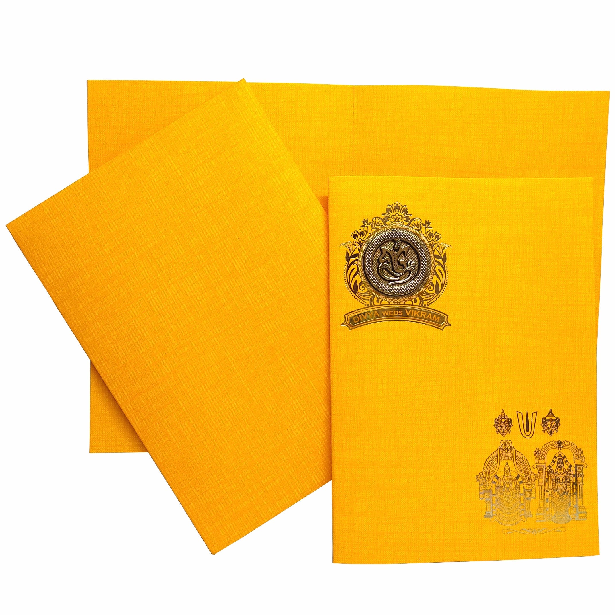 From understated elegance to opulent designs, our cards are crafted with the finest materials and attention to detail. This invitation card presents a gold foiling design at the top left with round embossed Ganesha sticker.