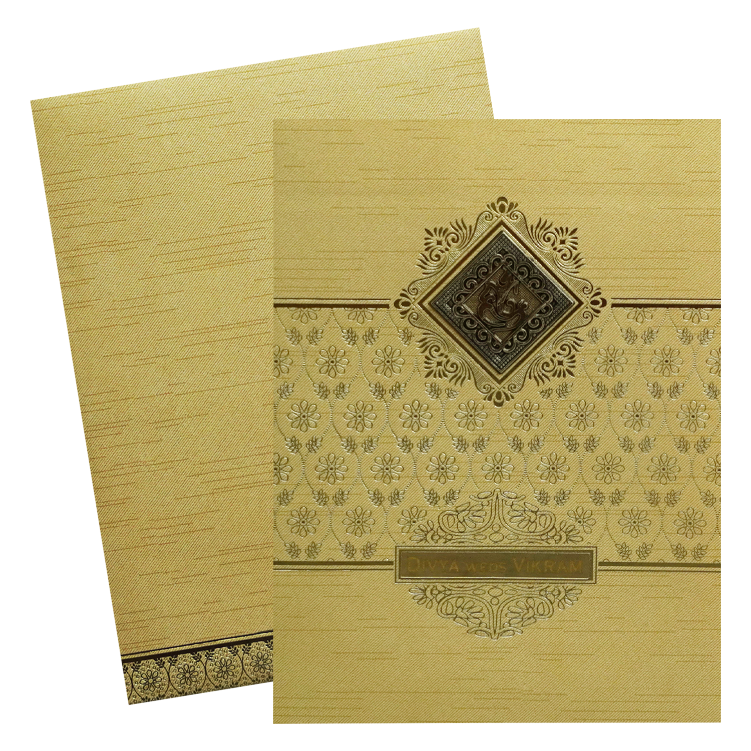 Metallic Gold Ganesha Nameplate Wedding Card-KNRM8706G