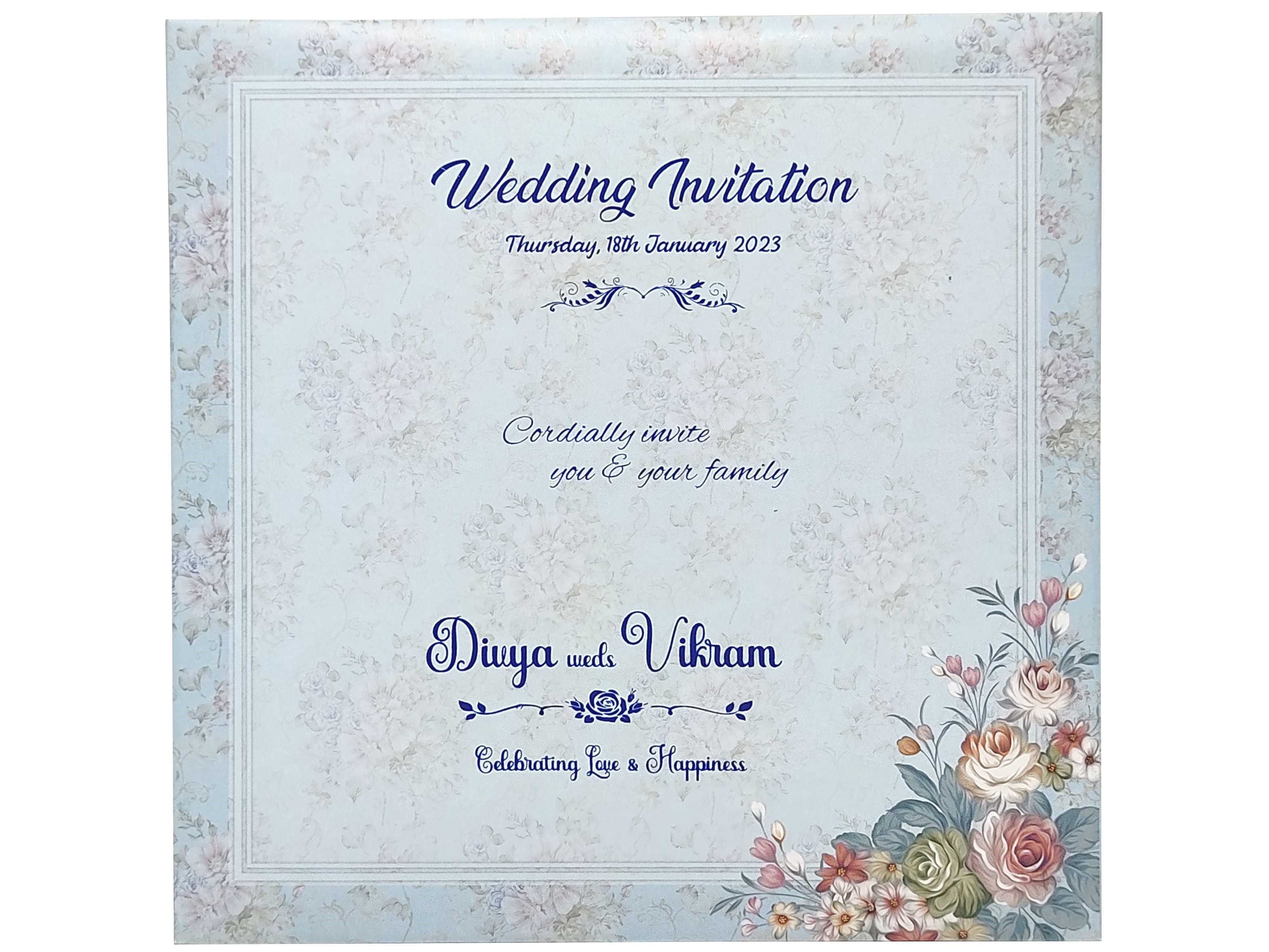 Blue Floral Offset Print Wedding Invitation Card-KNKA8063