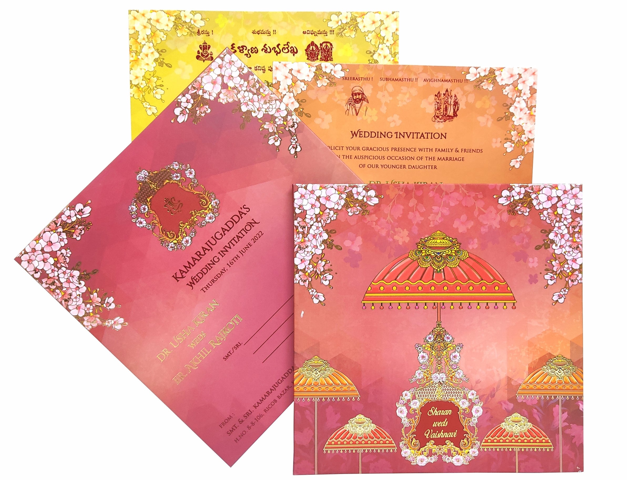 Alluring red padded card with pink floral with beautiful traditional umbrella designed and gold acrylic nameplate