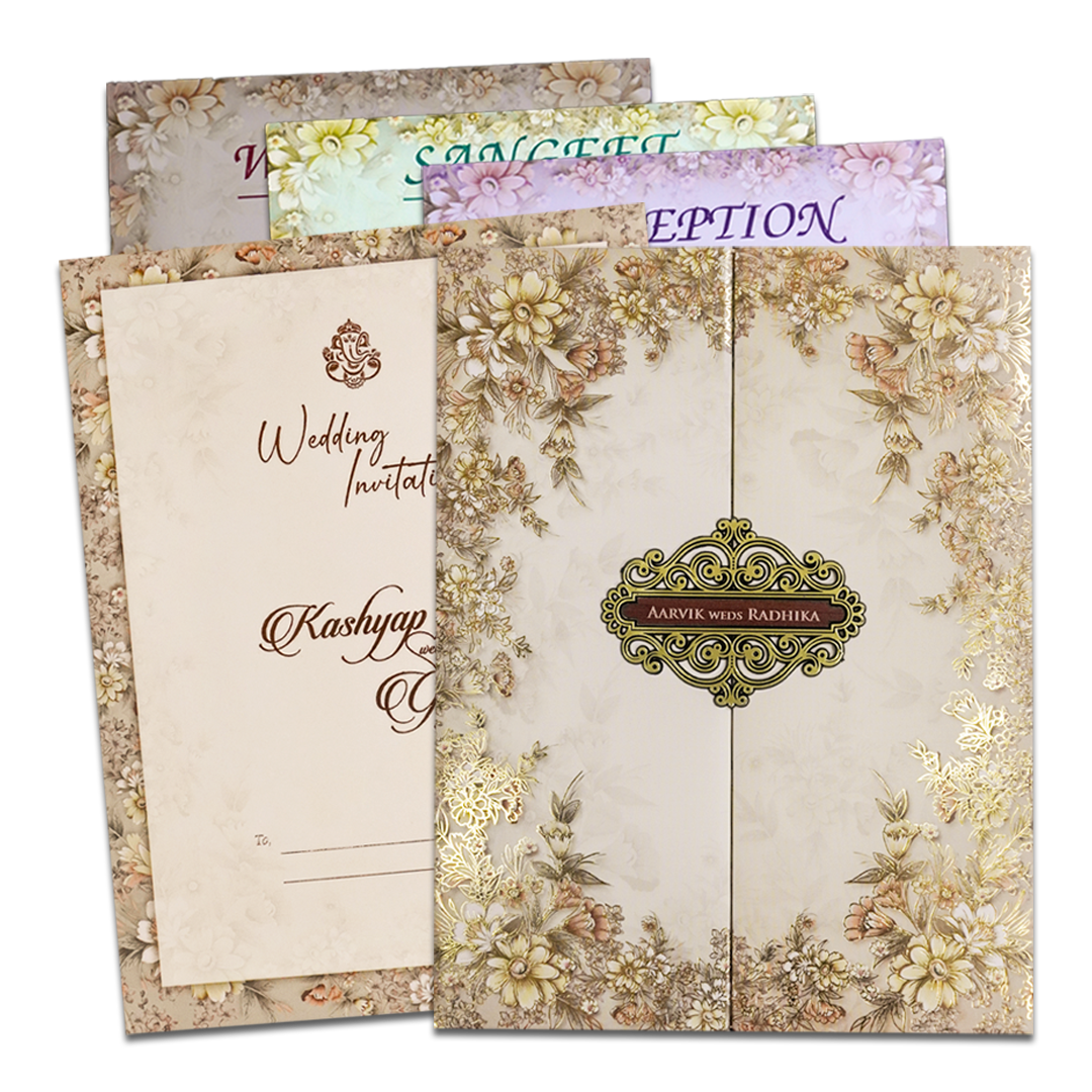 Cream Floral Padded Wedding Card-KSH72430
