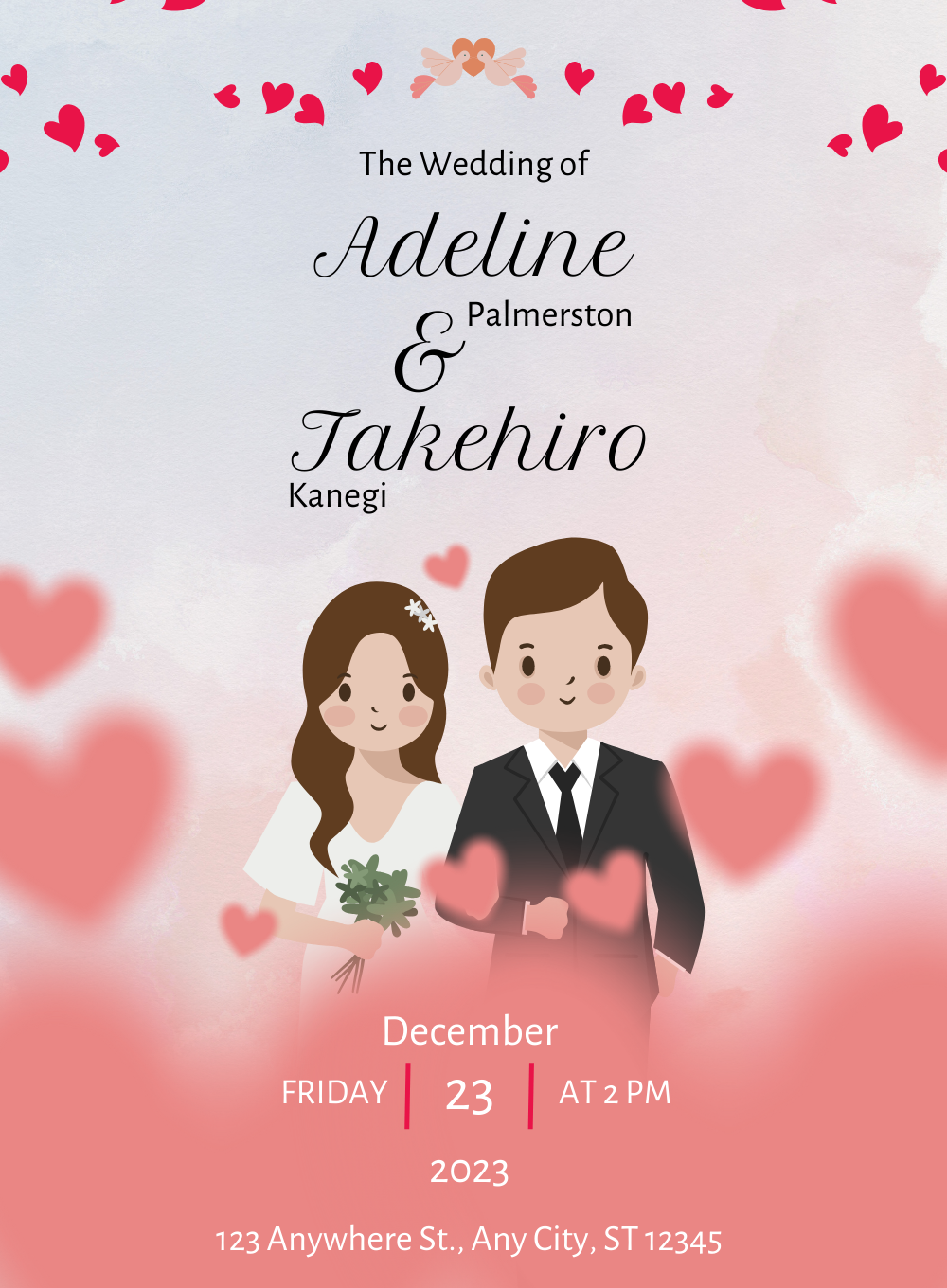 Pink Hearts Wedding Couple Invitation-EINK0048