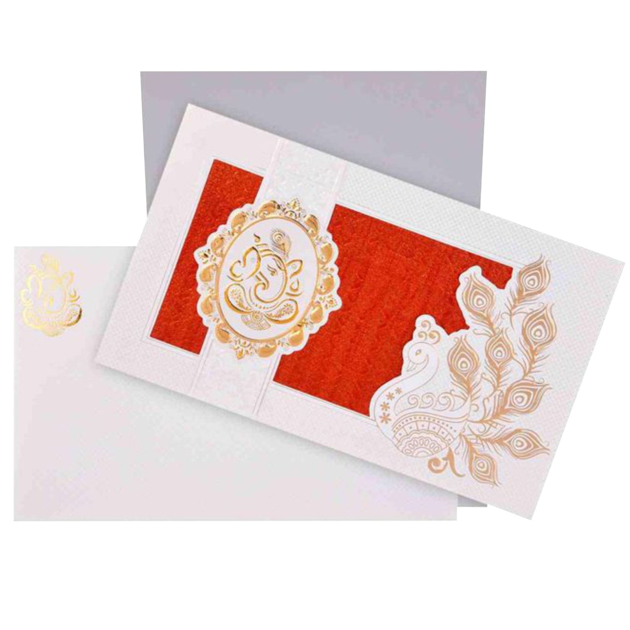 Elegant and attractive White envelope with glod ganesha print and red white cover invitation card! Buy now! &