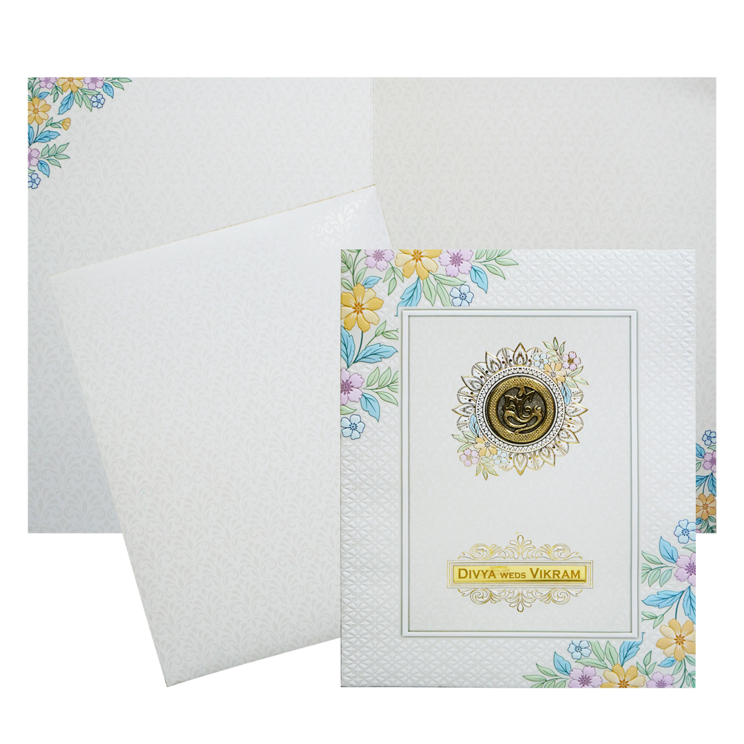 White Minimal Floral Embossed Invitation Card-King of Cards
