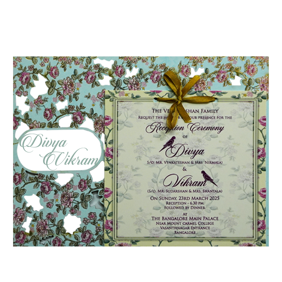 Blue Floral MDF Wedding Card Design-KNKO7602