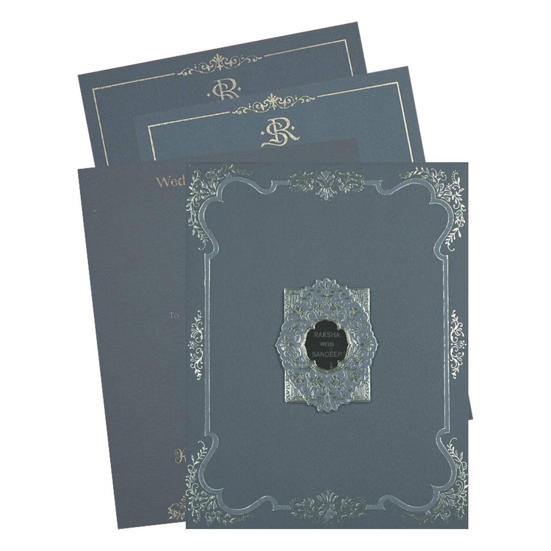 Check out Blue Gold Floral Border Padded Wedding Card at best price. ✅WhatsApp Support ✅Express Delivery.|King of cards.