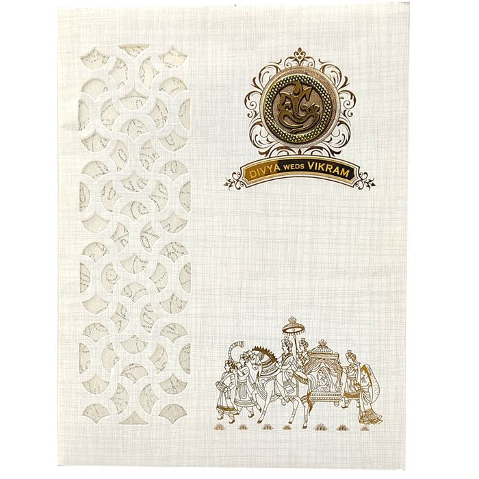Grey Metallic Laser Cut Design With Baraat Print In Gold Foiling-KNK9404G-King of Cards