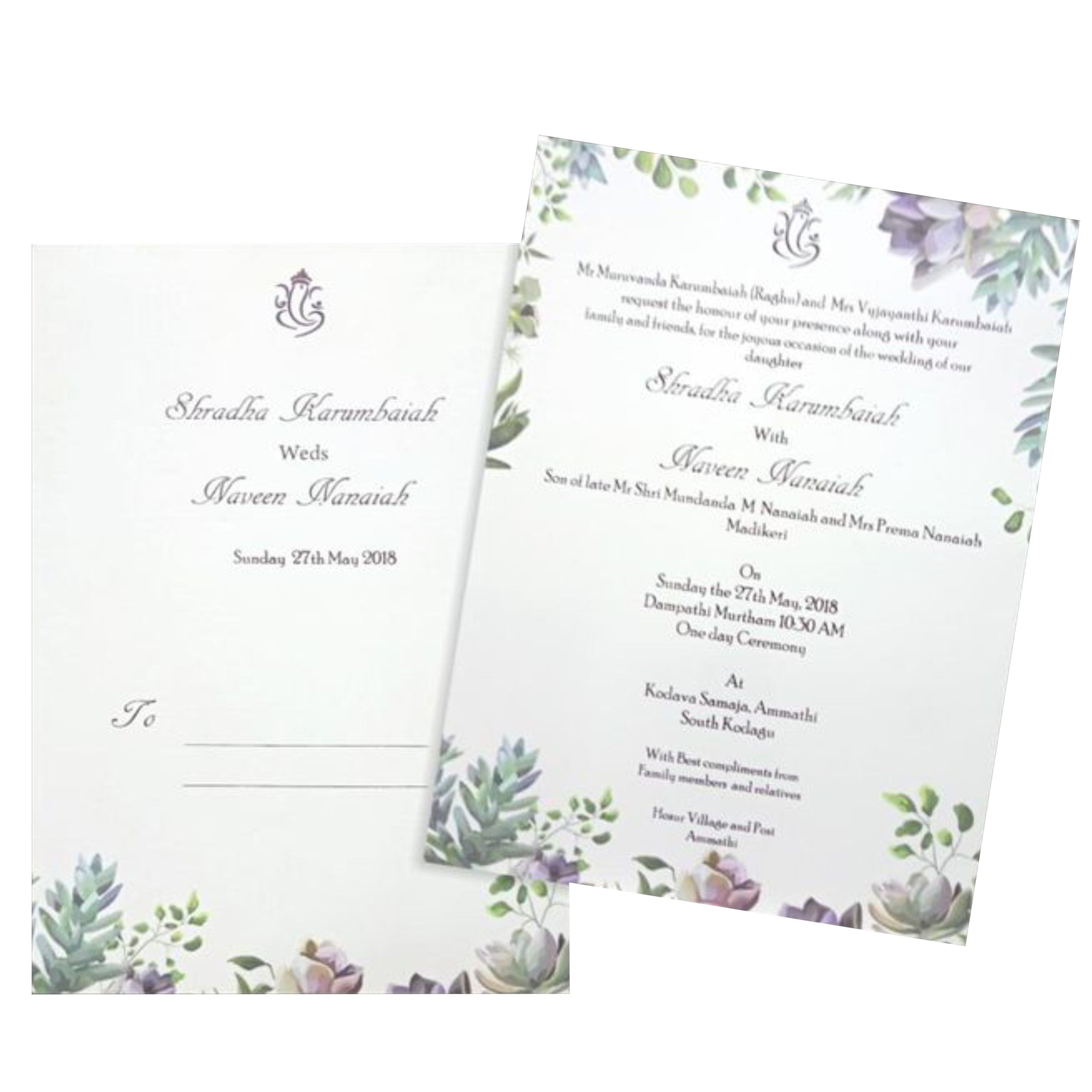 White single sheet green floral invitation card. this invite features a beautiful floral work in offset.