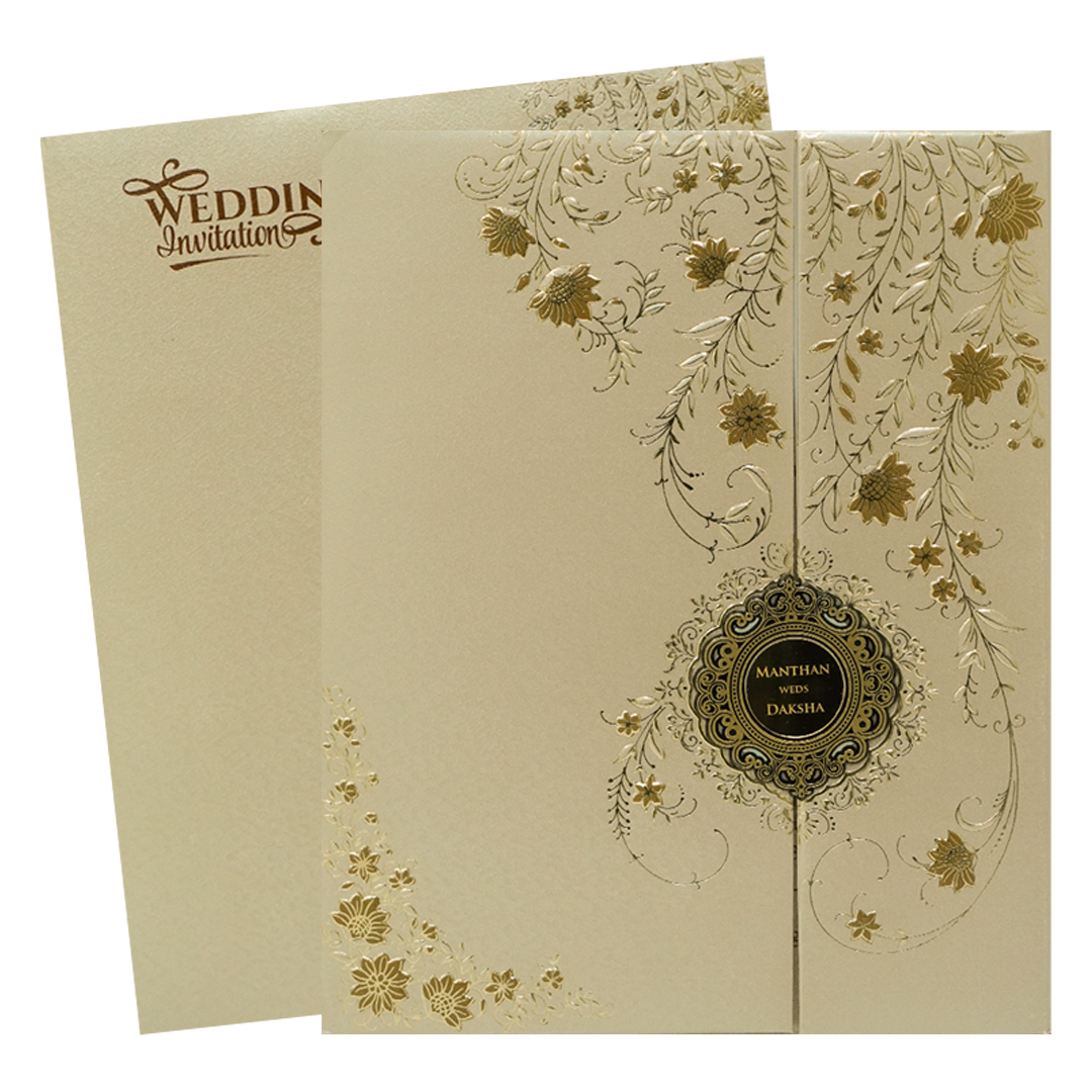 Check out Gold Floral Padded Wedding Card at best price. ✅WhatsApp Support ✅Express Delivery.|King of cards.