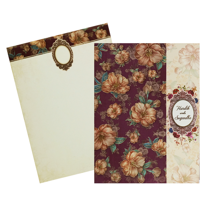 Maroon Cream Floral Door Padded Wedding Card-King of Cards