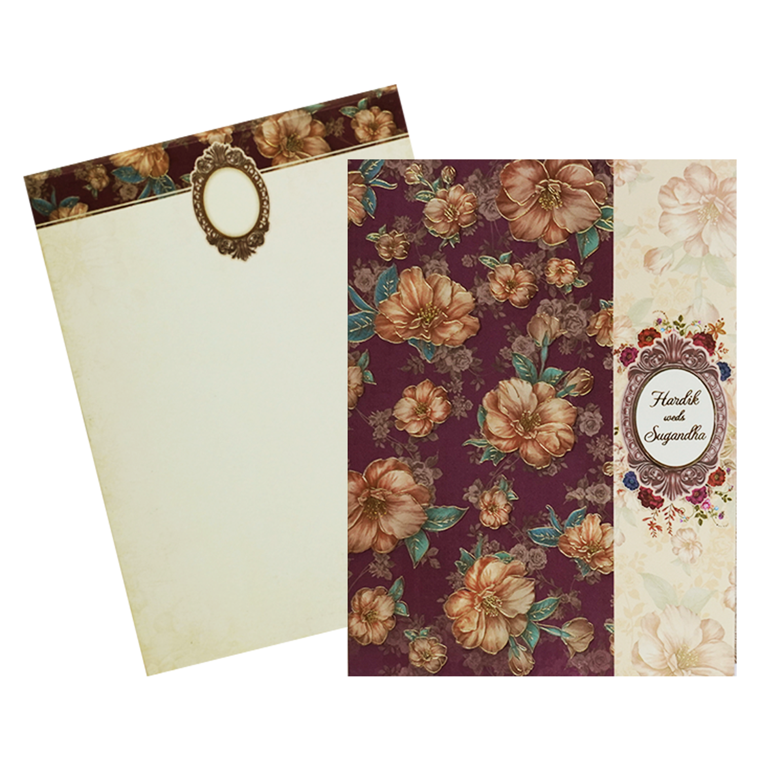 Maroon Cream Floral Door Padded Wedding Card-Kac05670