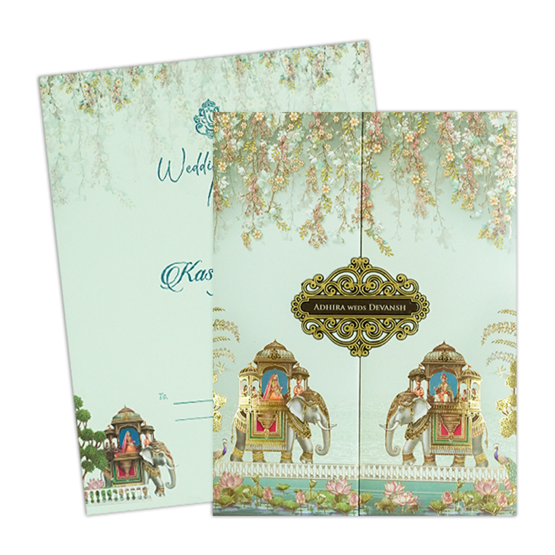 Green Floral Elephant Procession Wedding Card-KSH72440