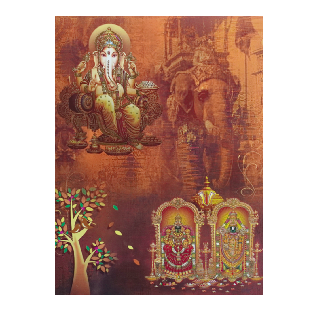 Brown Classic Ganesha With Balaji And Padmavathi Hindu Wedding Card-KNKC4029