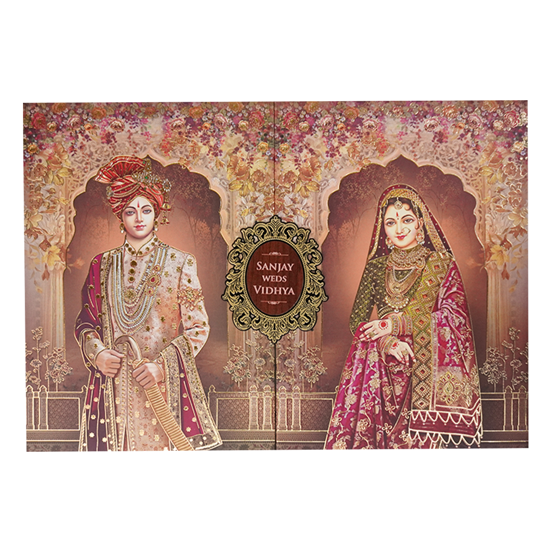 Brown Royal Couple Padded Wedding Card-KSH72190