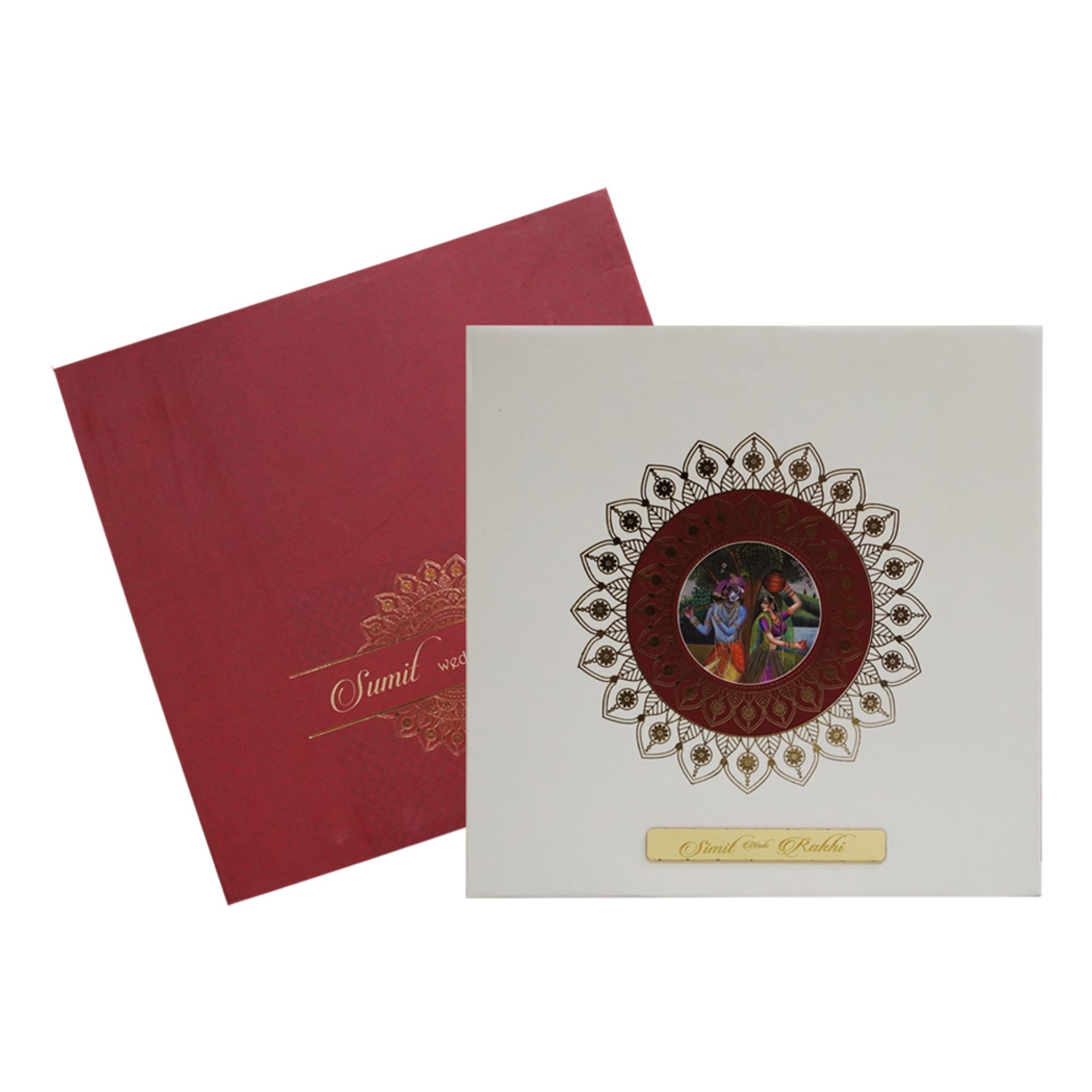 White Floral Radha Krishna Invitation Card-KBM04170