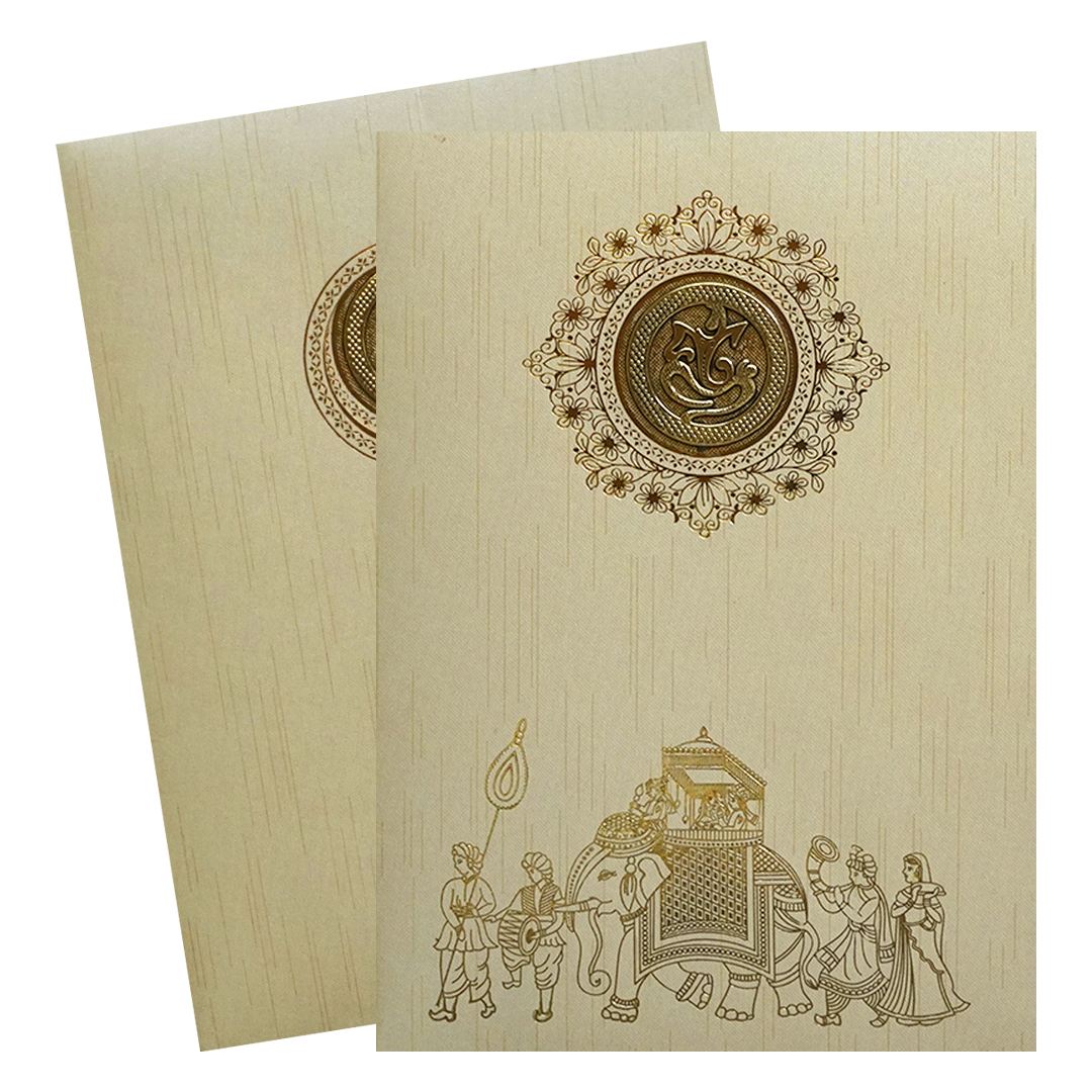 Beige Shiny Ganesha Wedding Card-KNKR039C