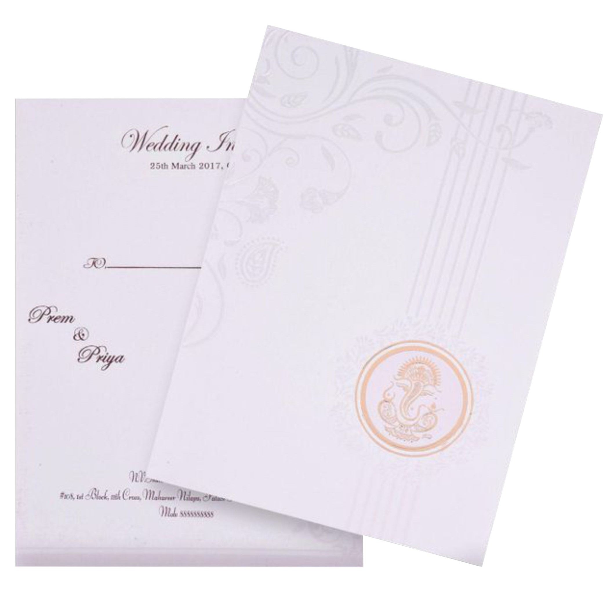 White Shading Backdrop With Gold Ganesha Wedding Card - KNK2398
