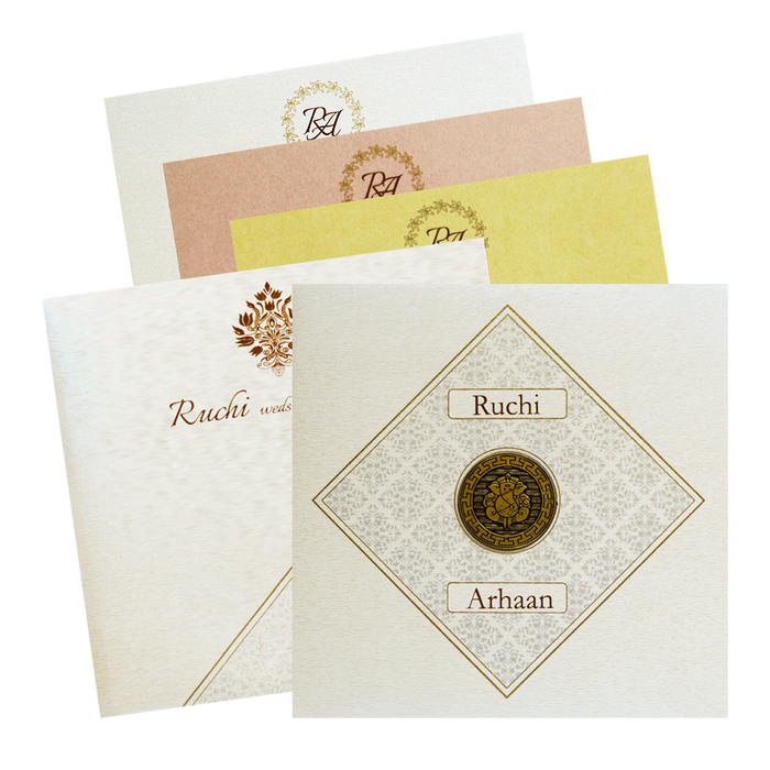 Pearl White Ganesha Wedding Card-KRC30142
