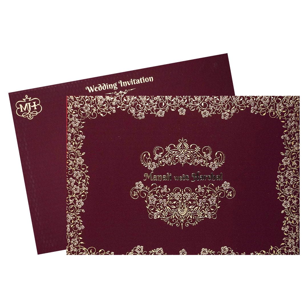 Maroon Gold Floral Padded Wedding Card-KSI64330