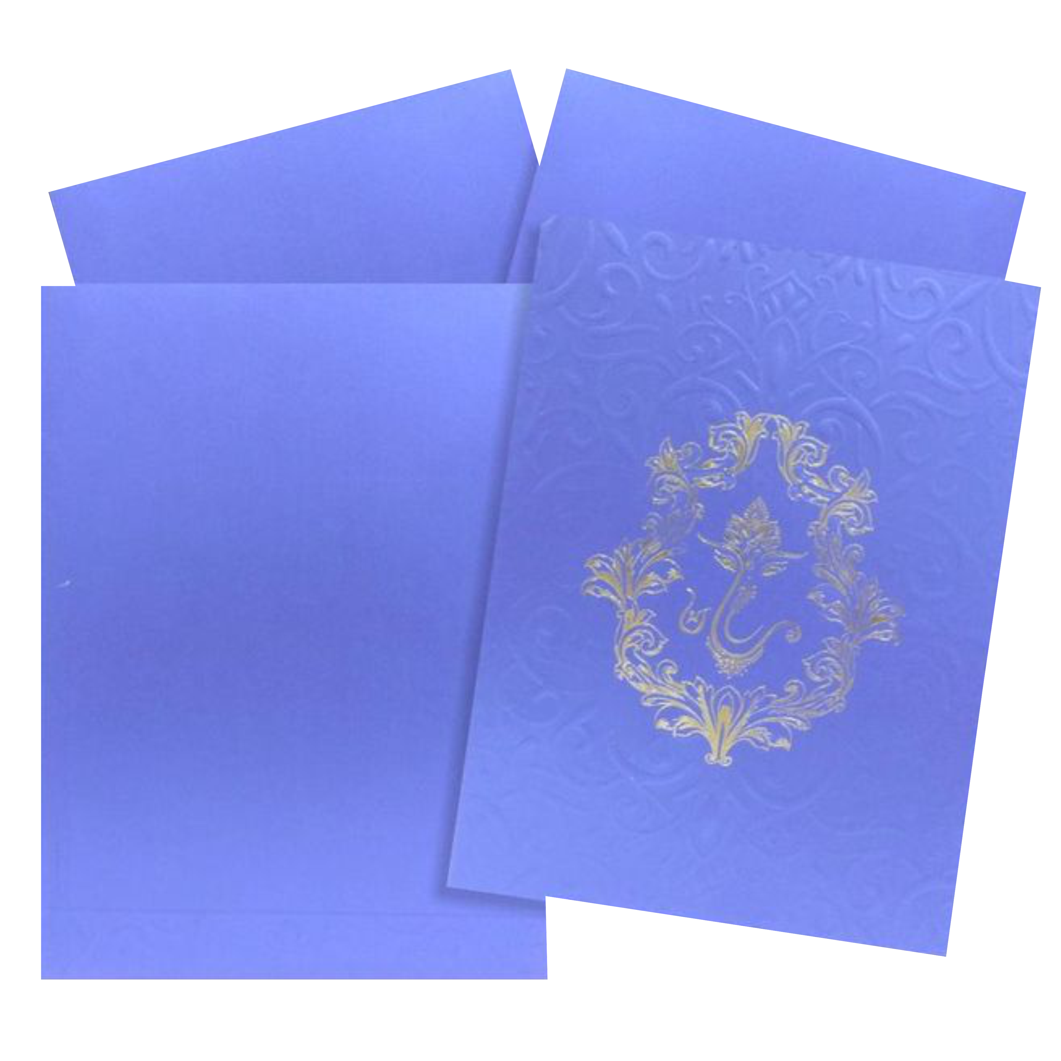 Blue metalic embossed floral invite features a unique Ganesha design surrounded with a floral work, adding a touch of sophistication.